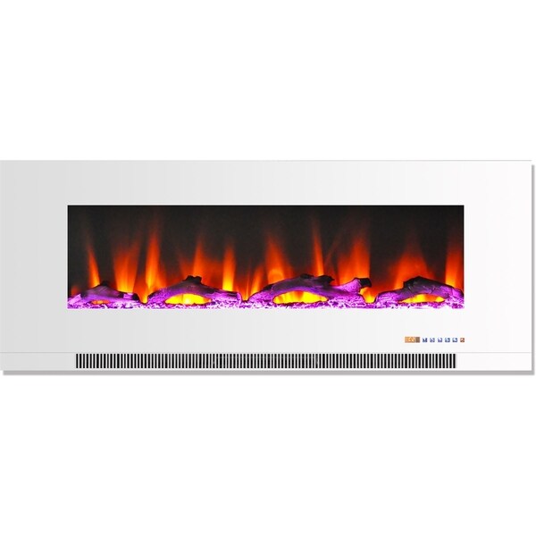 Cambridge 50 In. Wall-Mount Electric Fireplace in White with Multi-Color Flames and Driftwood Log Display