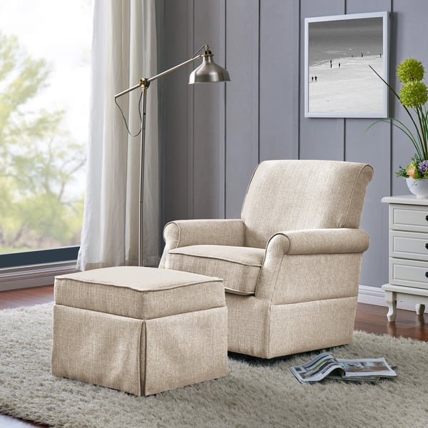 slide 2 of 11, Handy Living Taupe-grey Linen Swivel Glider Square-back Armchair and Ottoman