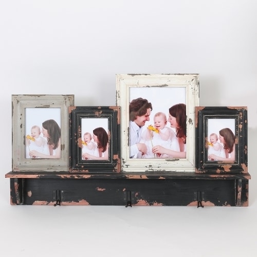 31.5" Wall Shelf with 4 Picture Frames & 3 Hooks, Rustic Photo Display Organizer for Entryway, Hallway, or Living Room