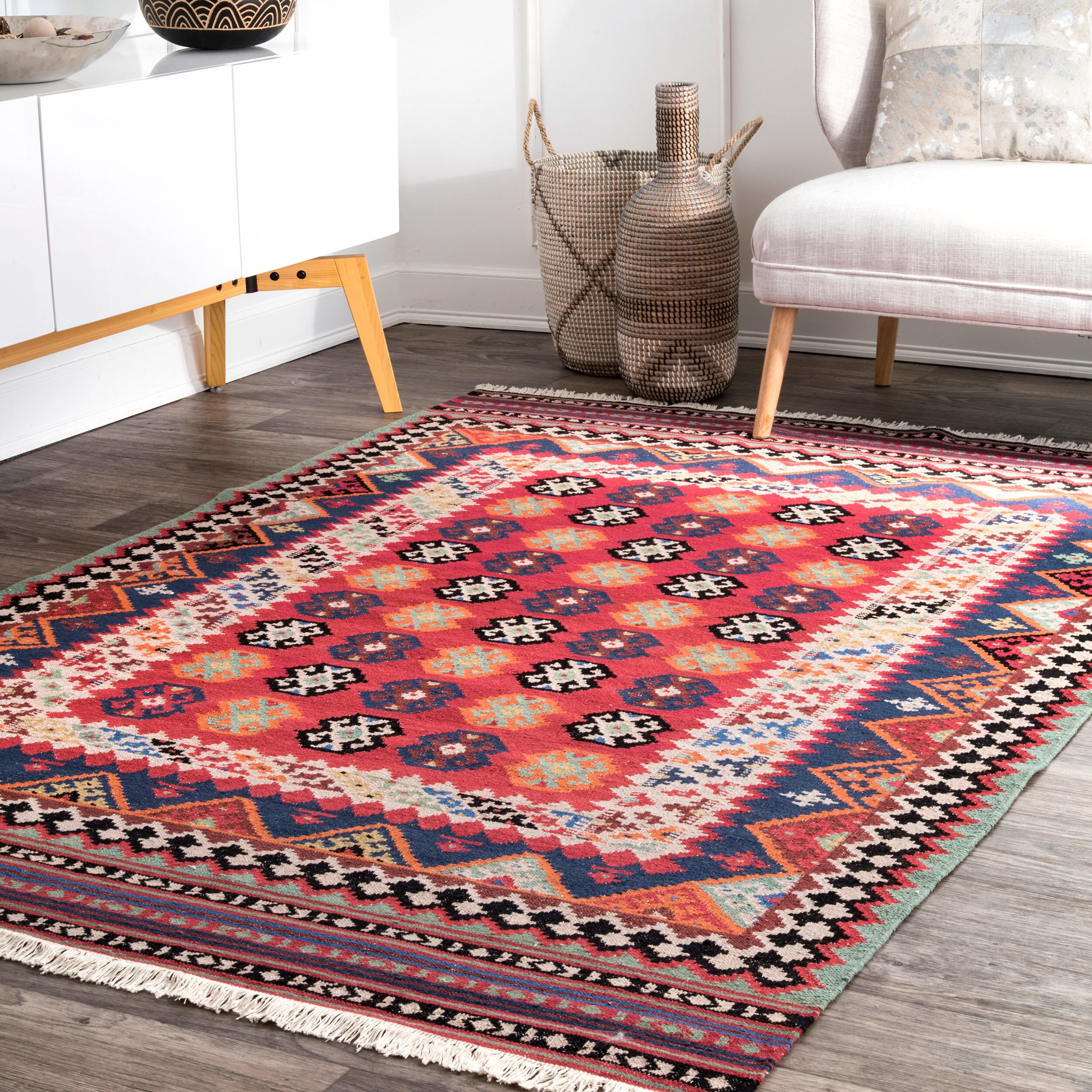 Nuloom Red Wool Handmade Southwestern Tribal Aztec Flatweave Area Rug