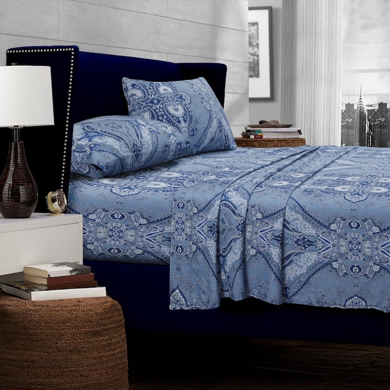 Solid/Printed 300 Thread Count Cotton Sateen Deep Pocket Bed Sheet Set - King - atlantis multi