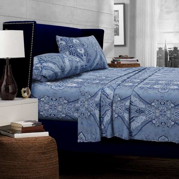 Solid/Printed 300 Thread Count Cotton Sateen Deep Pocket Bed Sheet Set - Full - atlantis multi