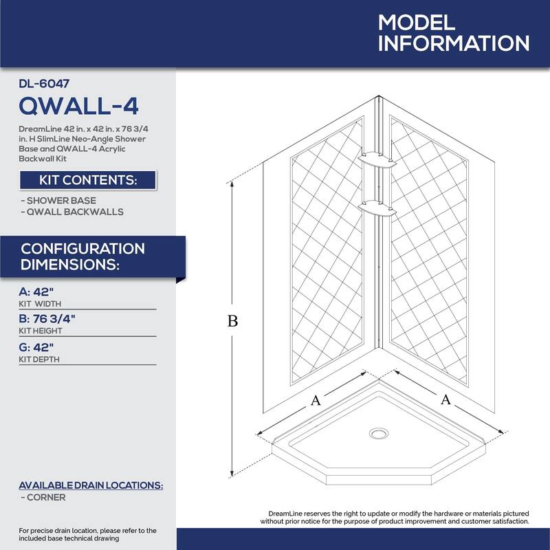 DreamLine 42 in. x 42 in. x 76 3/4 in. H Neo-Angle Shower Base and Acrylic Backwall Kit - 42" x 42"