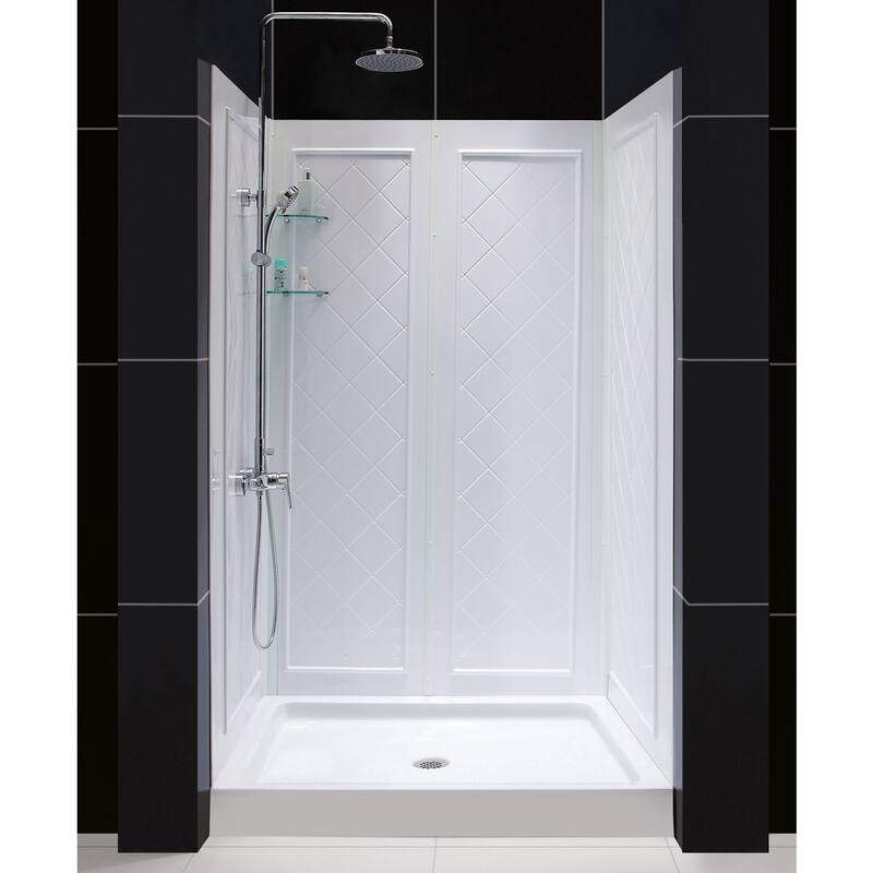 DreamLine 34 in. D x 48 in. W x 76 3/4 in. H Single Threshold Shower Base and Acrylic Backwall Kit - 34" x 48"