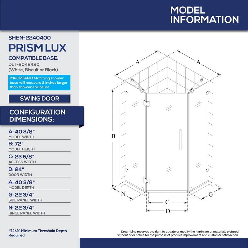 DreamLine Prism Lux 42 in. x 42 in. x 74 3/4 in. H Hinged Shower Enclosure and Shower Base Kit - 42" x 42" - 42" x 42"