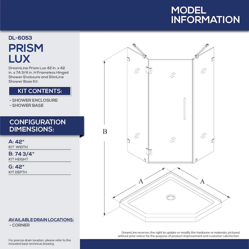 DreamLine Prism Lux 42 in. x 42 in. x 74 3/4 in. H Hinged Shower Enclosure and Shower Base Kit - 42" x 42" - 42" x 42"