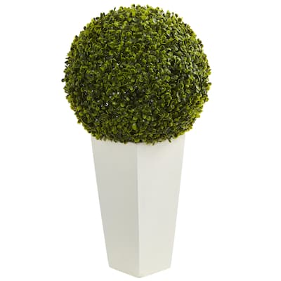 28" Boxwood Topiary Ball Artificial Plant in White Tower Planter (Indoor/Outdoor)