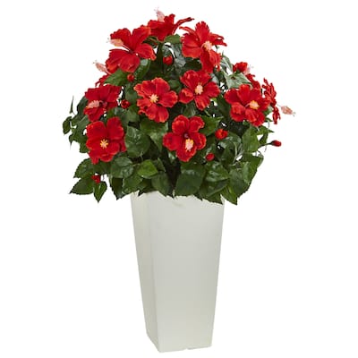 Hibiscus Artificial Plant in White Tower Planter