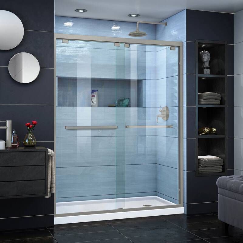 DreamLine Encore 30 in. D x 60 in. W x 78 3/4 in. H Bypass Sliding Shower Door and Shower Base Kit - 30" x 60" - 30" x 60" - White Base - Right - Nickel Finish