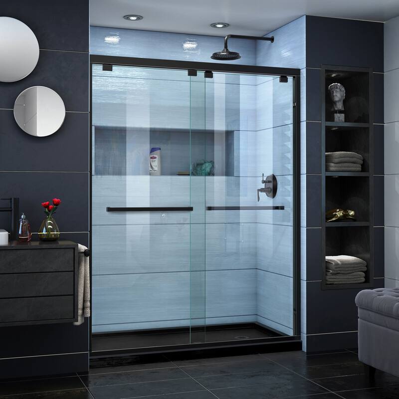 DreamLine Encore 30 in. D x 60 in. W x 78 3/4 in. H Bypass Sliding Shower Door and Shower Base Kit - 30" x 60" - 30" x 60" - Black Base - Right - Satin