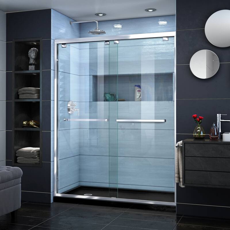 DreamLine Encore 30 in. D x 60 in. W x 78 3/4 in. H Bypass Sliding Shower Door and Shower Base Kit - 30" x 60" - 30" x 60" - Black Base - Left - Chrome Finish