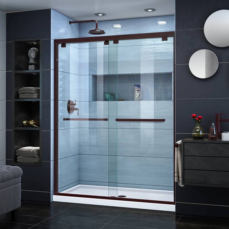 DreamLine Encore 30 in. D x 60 in. W x 78 3/4 in. H Bypass Sliding Shower Door and Shower Base Kit - 30" x 60" - 30" x 60" - White Base - Center - Oil Rubbed Bronze Finish