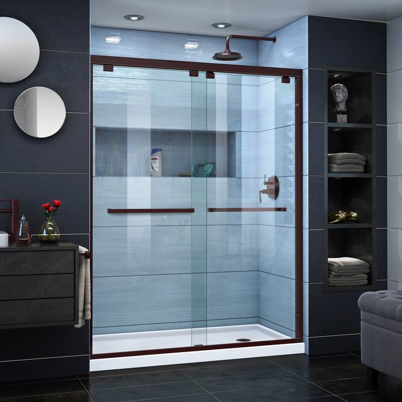 DreamLine Encore 30 in. D x 60 in. W x 78 3/4 in. H Bypass Sliding Shower Door and Shower Base Kit - 30" x 60" - 30" x 60" - White Base - Right - Oil Rubbed Bronze Finish