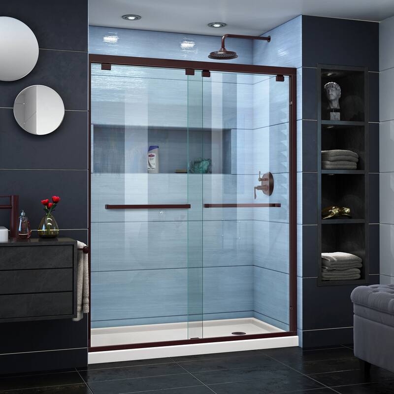 DreamLine Encore 30 in. D x 60 in. W x 78 3/4 in. H Bypass Sliding Shower Door and Shower Base Kit - 30" x 60" - 30" x 60" - Biscuit Base - Right - Oil Rubbed Bronze Finish