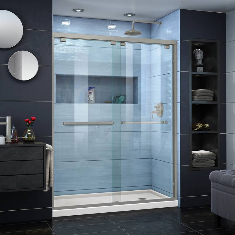 DreamLine Encore 30 in. D x 60 in. W x 78 3/4 in. H Bypass Sliding Shower Door and Shower Base Kit - 30" x 60" - 30" x 60" - Biscuit Base - Right - Nickel Finish