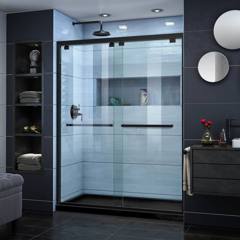 DreamLine Encore 32 in. D x 60 in. W x 78 3/4 in. H Bypass Sliding Shower Door and Shower Base Kit - 32" x 60" - 32" x 60" - Black Base - Center - Satin