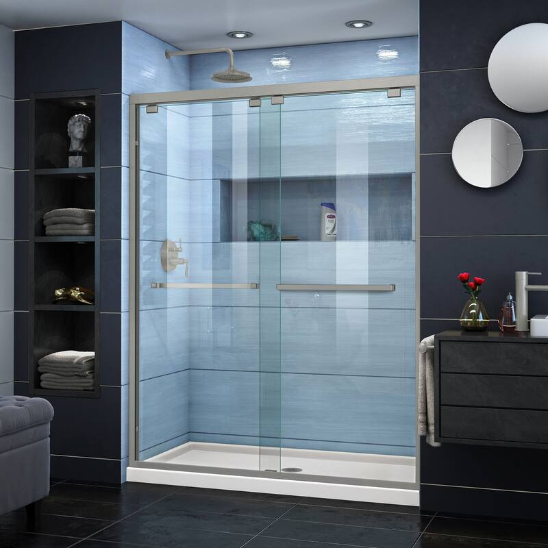 DreamLine Encore 32 in. D x 60 in. W x 78 3/4 in. H Bypass Sliding Shower Door and Shower Base Kit - 32" x 60" - 32" x 60" - Biscuit Base - Center - Nickel Finish