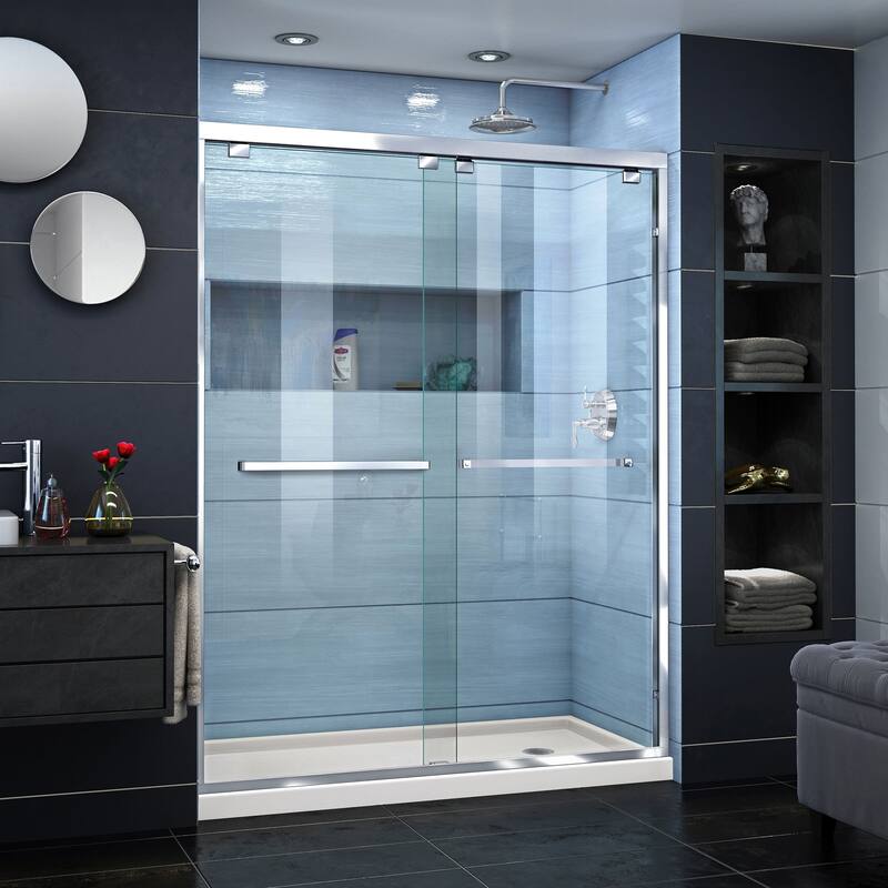 DreamLine Encore 36 in. D x 60 in. W x 78 3/4 in. H Bypass Sliding Shower Door and Shower Base Kit - 36" x 60" - 36" x 60" - Biscuit Base - Right - Chrome Finish