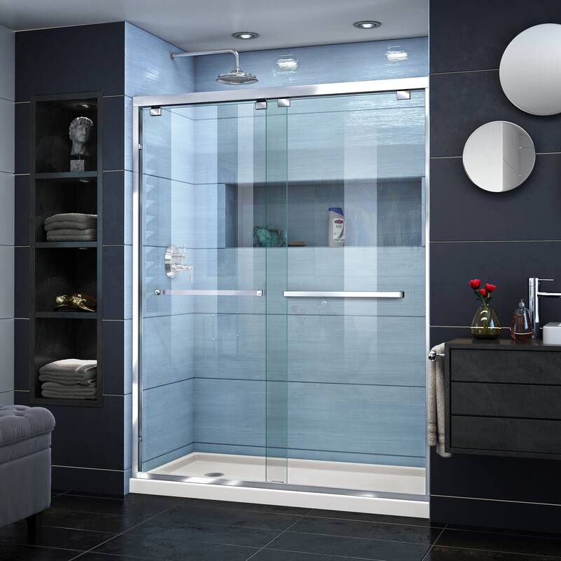 DreamLine Encore 36 in. D x 60 in. W x 78 3/4 in. H Bypass Sliding Shower Door and Shower Base Kit - 36" x 60" - 36" x 60" - Biscuit Base - Left - Chrome Finish