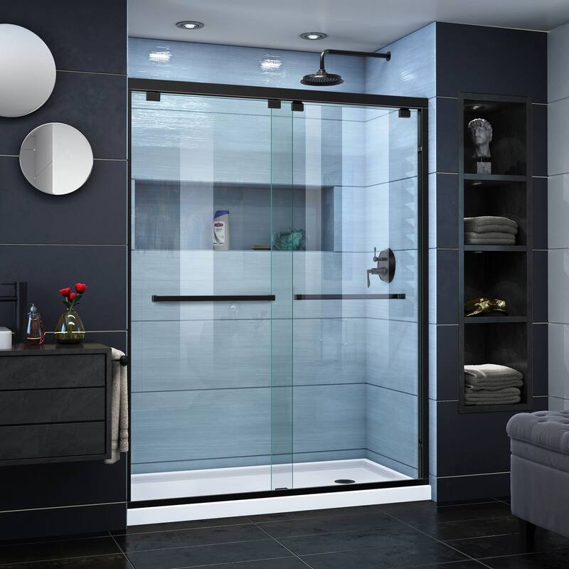 DreamLine Encore 36 in. D x 60 in. W x 78 3/4 in. H Bypass Sliding Shower Door and Shower Base Kit - 36" x 60" - 36" x 60" - White Base - Right - Satin