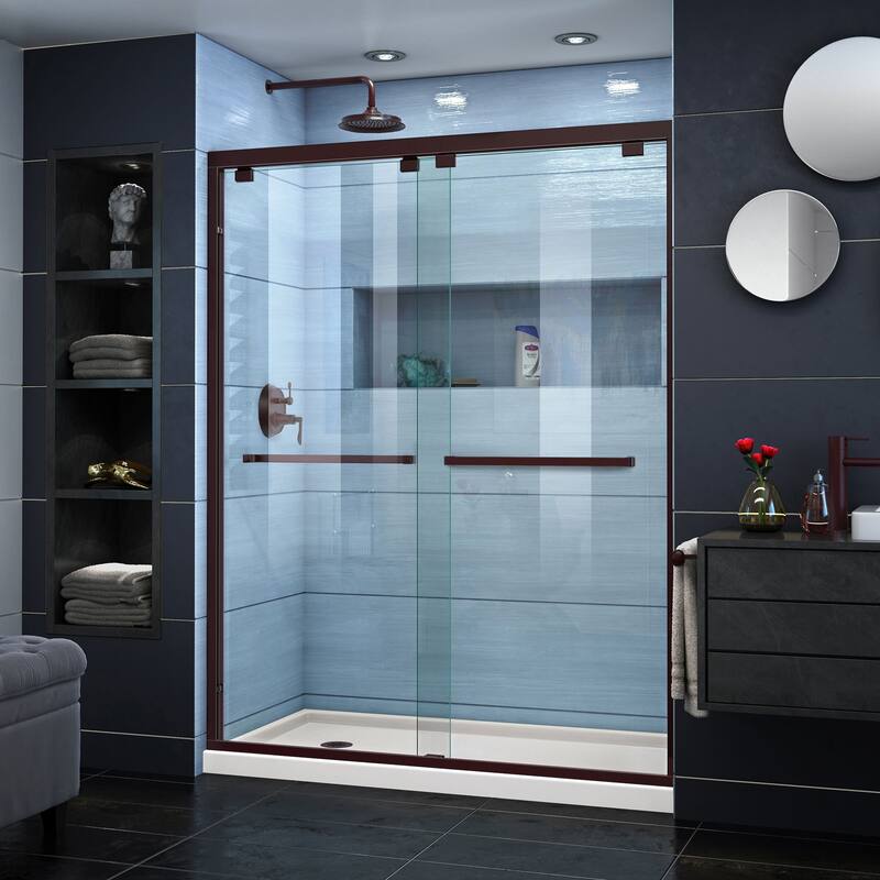 DreamLine Encore 36 in. D x 60 in. W x 78 3/4 in. H Bypass Sliding Shower Door and Shower Base Kit - 36" x 60" - 36" x 60" - Biscuit Base - Left - Oil Rubbed Bronze Finish