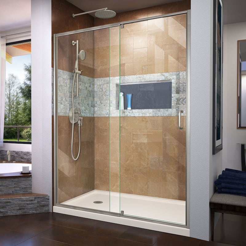 DreamLine Flex 30 in. D x 60 in. W x 74 3/4 in. H Pivot Shower Door and Shower Base Kit - 30" x 60" - 30" x 60" - Biscuit Base - Left - Nickel Finish