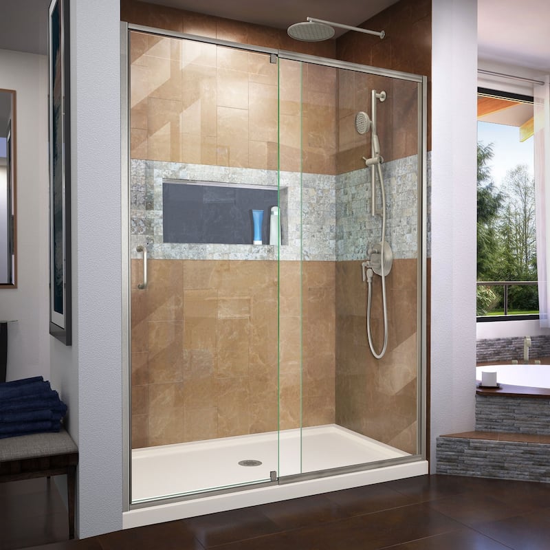 DreamLine Flex 30 in. D x 60 in. W x 74 3/4 in. H Pivot Shower Door and Shower Base Kit - 30" x 60" - 30" x 60" - Biscuit Base - Center - Nickel Finish