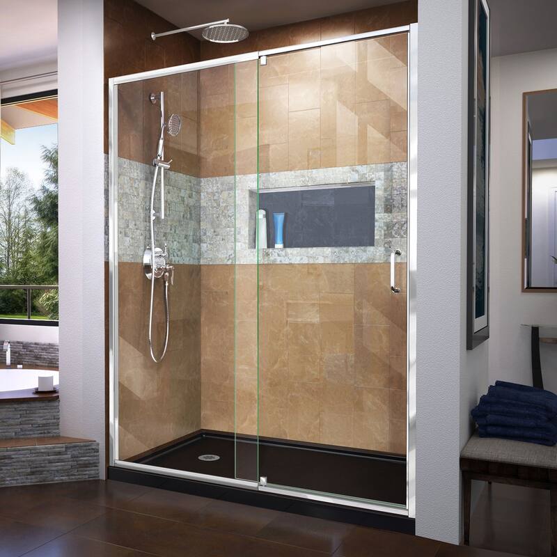 DreamLine Flex 32 in. D x 60 in. W x 74 3/4 in. H Pivot Shower Door and Shower Base Kit - 32" x 60"