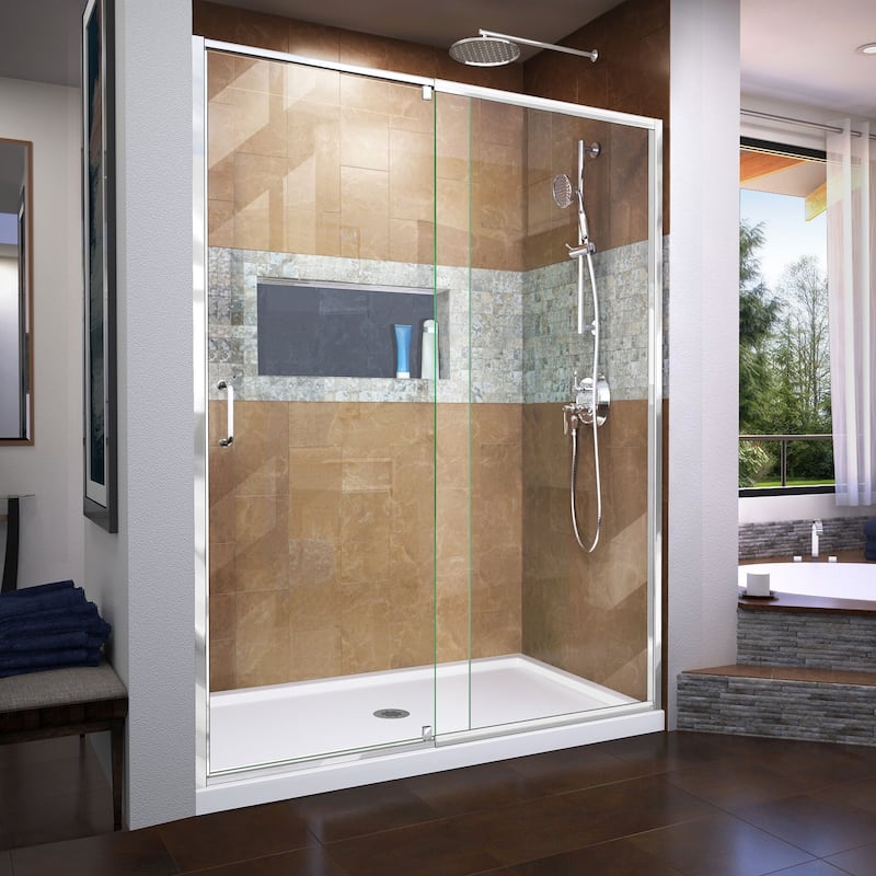 DreamLine Flex 32 in. D x 60 in. W x 74 3/4 in. H Pivot Shower Door and Shower Base Kit - 32" x 60"