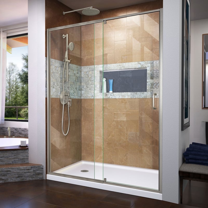 DreamLine Flex 32 in. D x 60 in. W x 74 3/4 in. H Pivot Shower Door and Shower Base Kit - 32" x 60" - White Base - Left - Nickel Finish