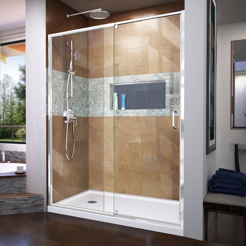 DreamLine Flex 32 in. D x 60 in. W x 74 3/4 in. H Pivot Shower Door and Shower Base Kit - 32" x 60"