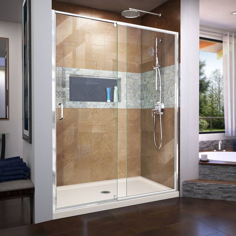 DreamLine Flex 32 in. D x 60 in. W x 74 3/4 in. H Pivot Shower Door and Shower Base Kit - 32" x 60"