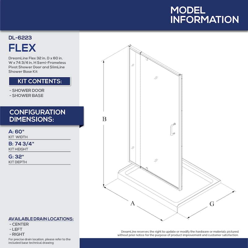 DreamLine Flex 32 in. D x 60 in. W x 74 3/4 in. H Pivot Shower Door and Shower Base Kit - 32" x 60"