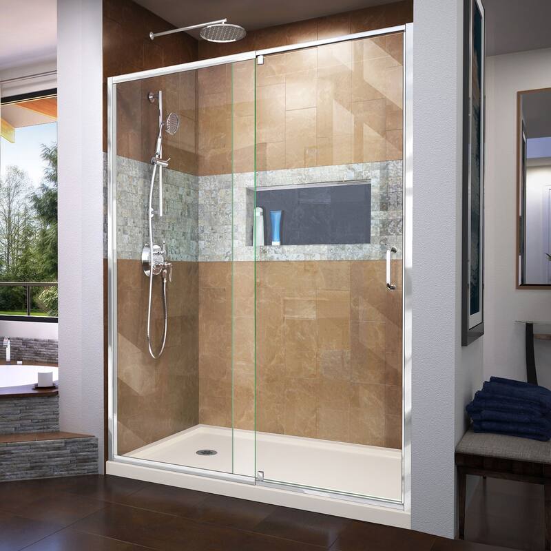 DreamLine Flex 34 in. D x 60 in. W x 74 3/4 in. H Pivot Shower Door and Shower Base Kit - 34" x 60"