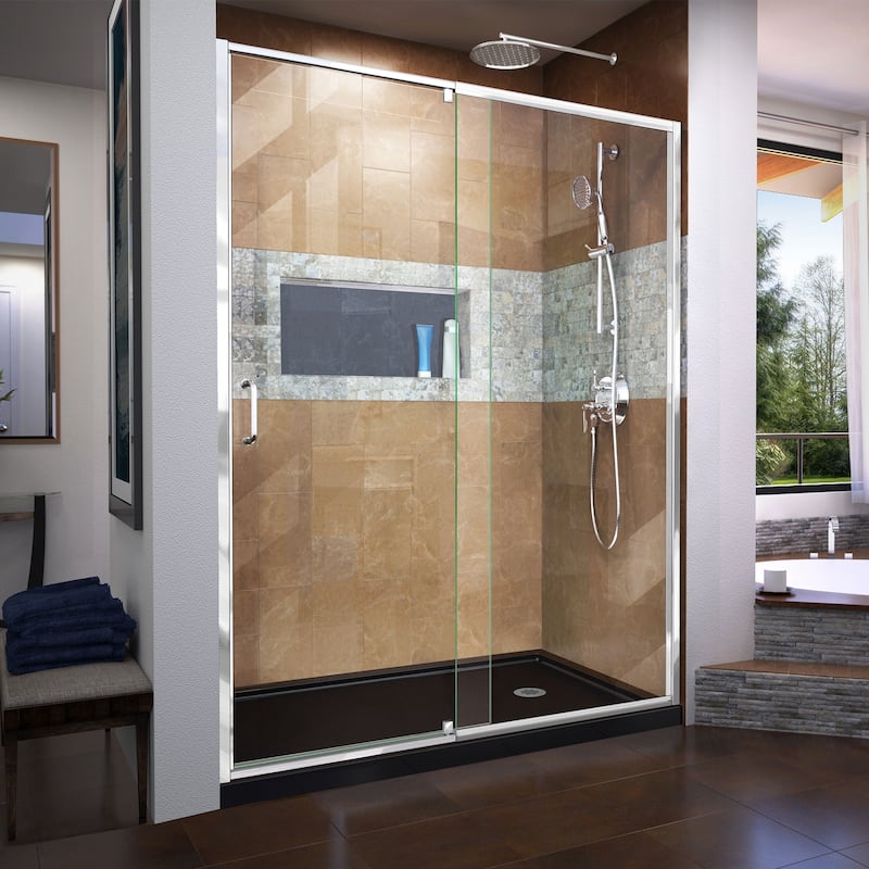 DreamLine Flex 34 in. D x 60 in. W x 74 3/4 in. H Pivot Shower Door and Shower Base Kit - 34" x 60"
