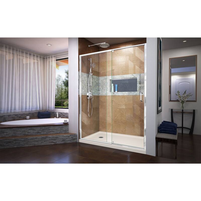 DreamLine Flex 34 in. D x 60 in. W x 74 3/4 in. H Pivot Shower Door and Shower Base Kit - 34" x 60"