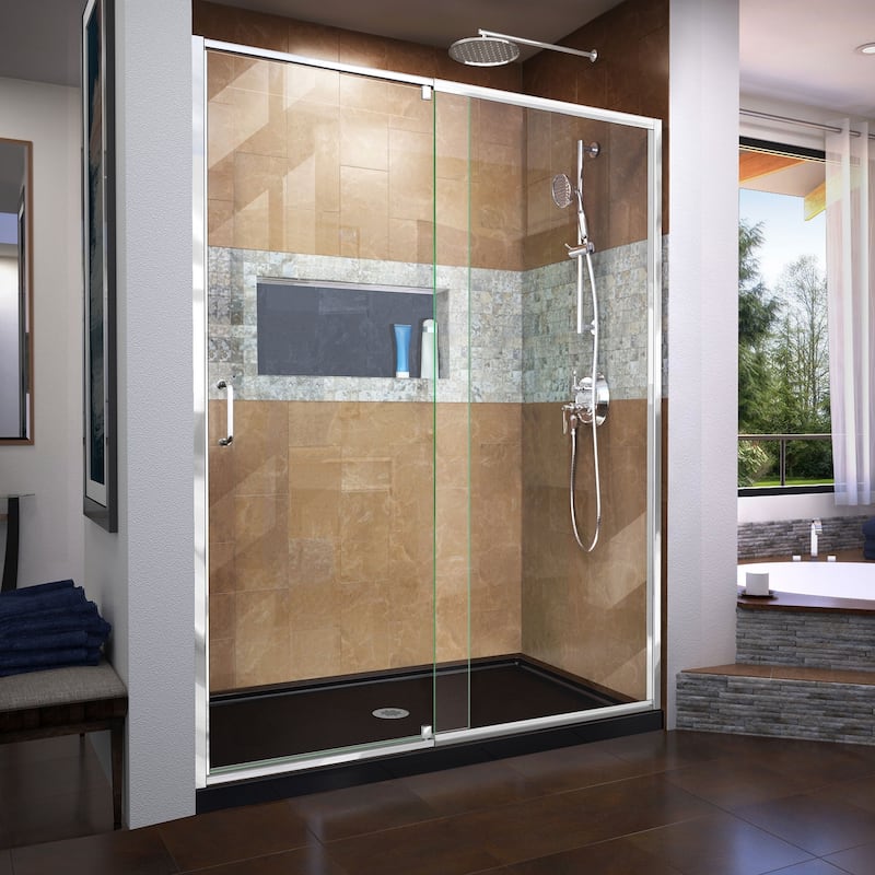 DreamLine Flex 34 in. D x 60 in. W x 74 3/4 in. H Pivot Shower Door and Shower Base Kit - 34" x 60"