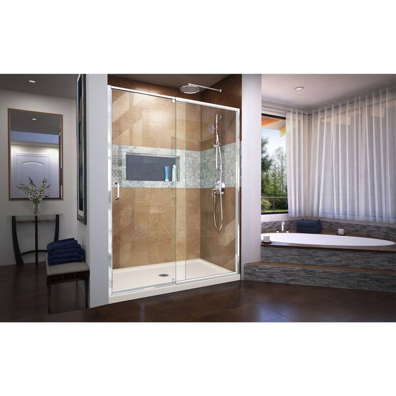 DreamLine Flex 34 in. D x 60 in. W x 74 3/4 in. H Pivot Shower Door and Shower Base Kit - 34" x 60"