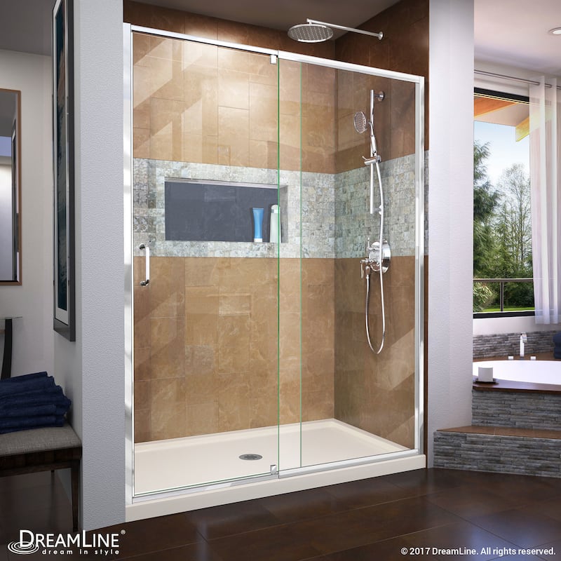 DreamLine Flex 34 in. D x 60 in. W x 74 3/4 in. H Pivot Shower Door and Shower Base Kit - 34" x 60"