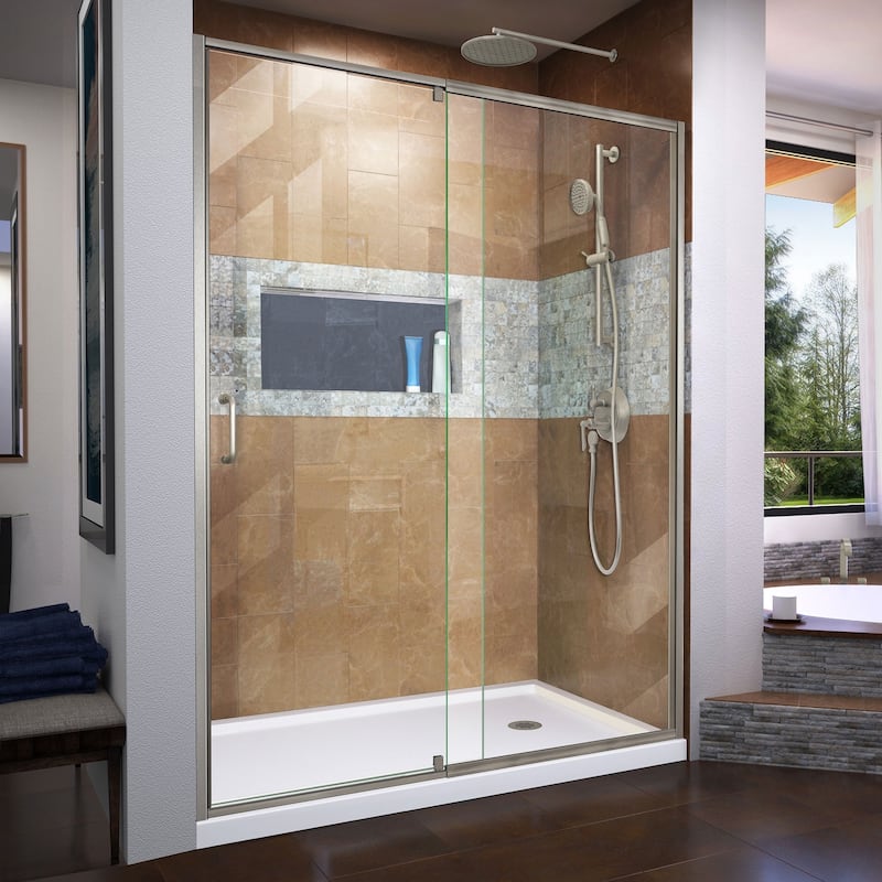 DreamLine Flex 34 in. D x 60 in. W x 74 3/4 in. H Pivot Shower Door and Shower Base Kit - 34" x 60" - White Base - Right - Nickel Finish