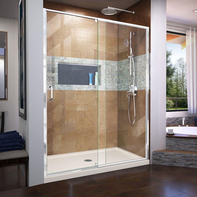 DreamLine Flex 34 in. D x 60 in. W x 74 3/4 in. H Pivot Shower Door and Shower Base Kit - 34" x 60"