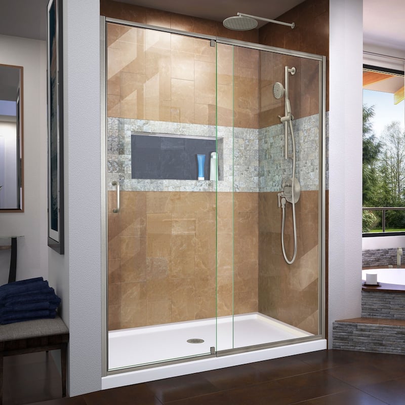 DreamLine Flex 36 in. D x 60 in. W x 74 3/4 in. H Pivot Shower Door and Shower Base Kit - 36" x 60" - 36" x 60" - White Base - Center - Nickel Finish