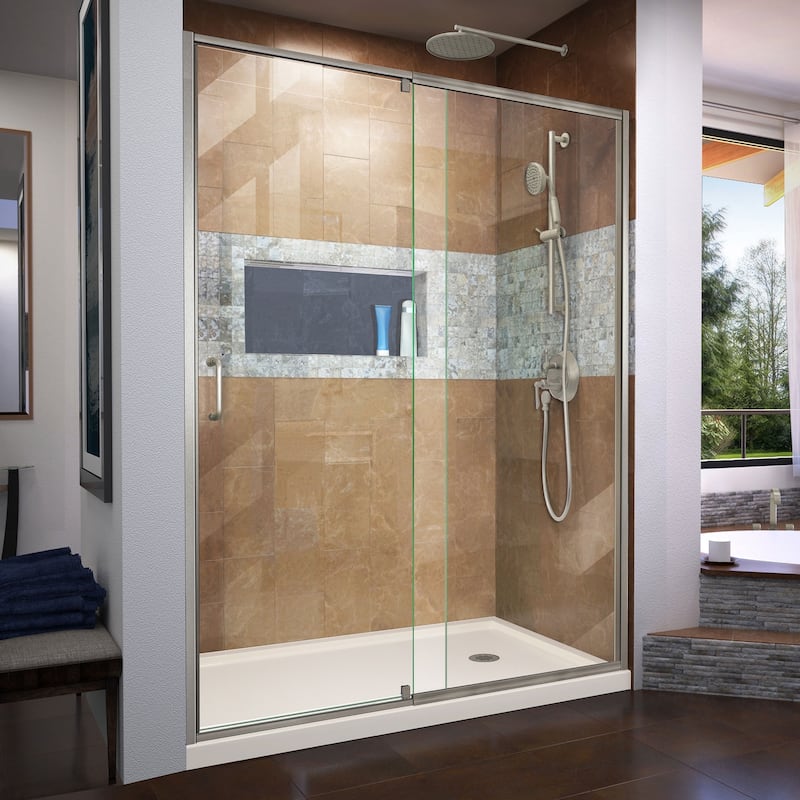 DreamLine Flex 36 in. D x 60 in. W x 74 3/4 in. H Pivot Shower Door and Shower Base Kit - 36" x 60" - 36" x 60" - Biscuit Base - Right - Nickel Finish