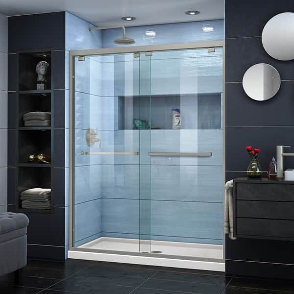 Dreamline Encore 32 In D X 54 In W X 78 3 4 In H Bypass Sliding Shower Door And Shower Base Kit 32 X 54 Overstock 18689390 Biscuit Base Nickel Finish