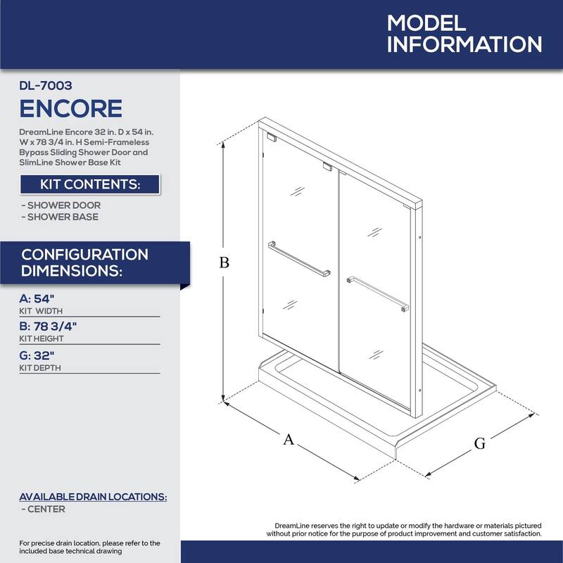 DreamLine Encore 32 in. D x 54 in. W x 78 3/4 in. H Bypass Sliding Shower Door and Shower Base Kit