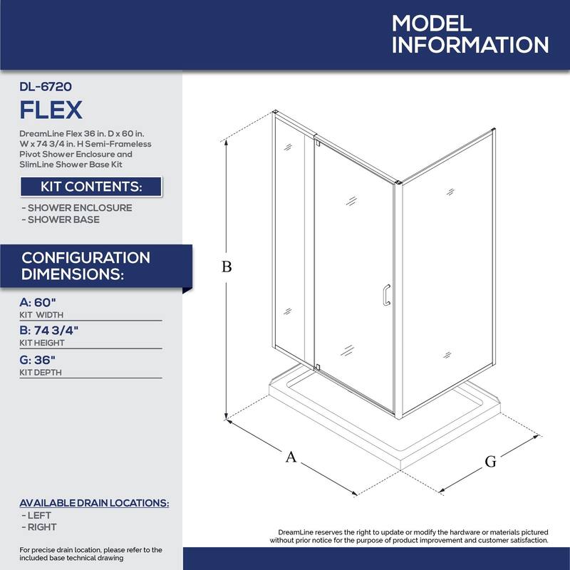 DreamLine Flex 36 in. D x 60 in. W x 74 3/4 in. H Pivot Shower Enclosure and Shower Base Kit - 36" x 60"