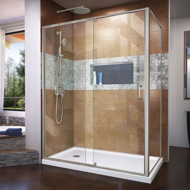 DreamLine Flex 36 in. D x 60 in. W x 74 3/4 in. H Pivot Shower Enclosure and Shower Base Kit - 36" x 60" - White Base - Left - Nickel Finish