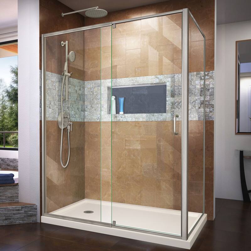 DreamLine Flex 36 in. D x 60 in. W x 74 3/4 in. H Pivot Shower Enclosure and Shower Base Kit - 36" x 60" - Biscuit Base - Left - Nickel Finish