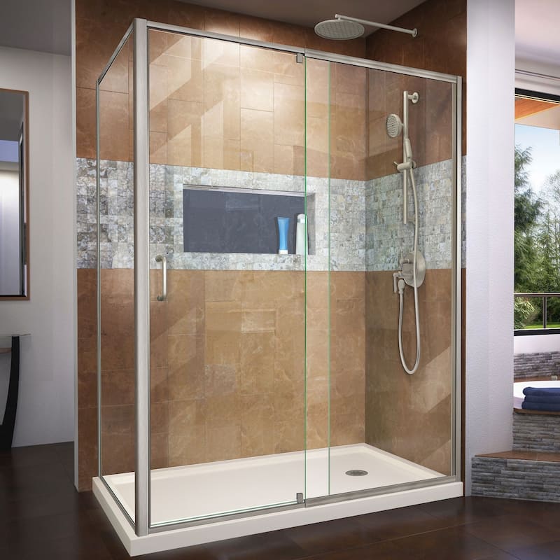 DreamLine Flex 36 in. D x 60 in. W x 74 3/4 in. H Pivot Shower Enclosure and Shower Base Kit - 36" x 60" - Biscuit Base - Right - Nickel Finish