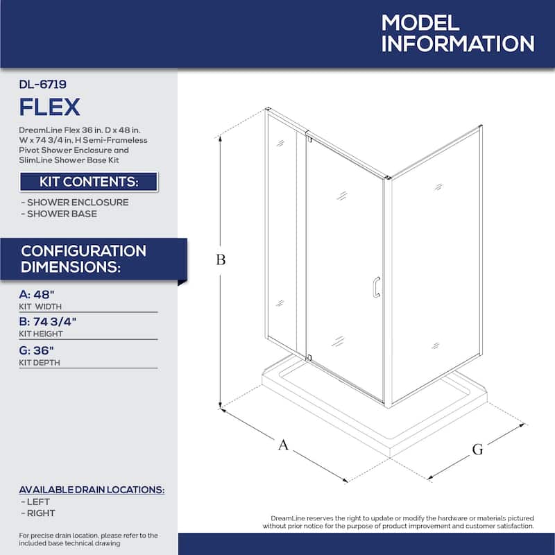 DreamLine Flex 36 in. D x 48 in. W x 74 3/4 in. H Pivot Shower Enclosure and Shower Base Kit - 36" x 48" - 36" x 48"